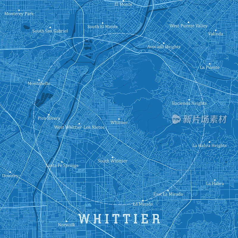 惠蒂尔CA城市矢量道路地图蓝色文本