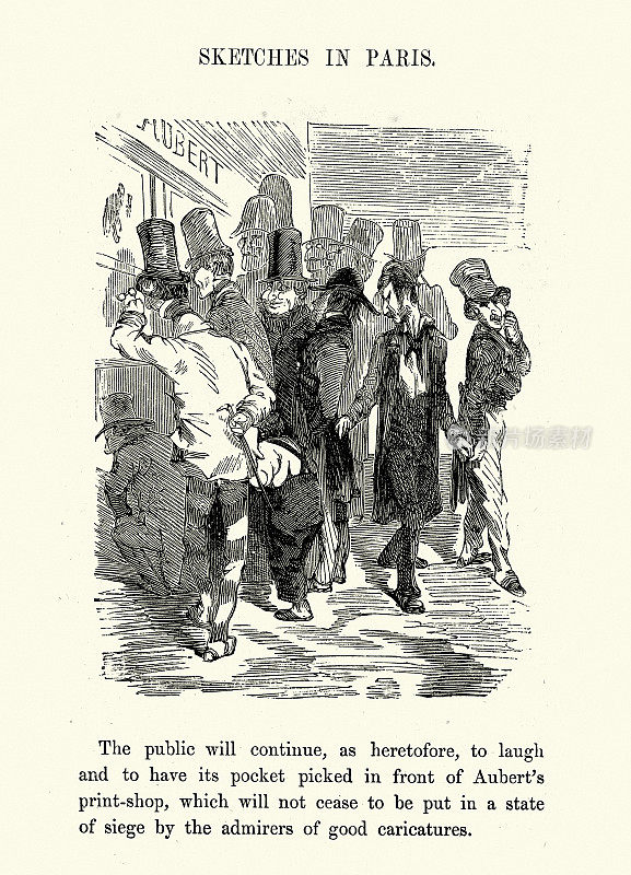 小偷扒窃，古斯塔夫・多雷的复古漫画，巴黎素描，法国，1860年代维多利亚时代。