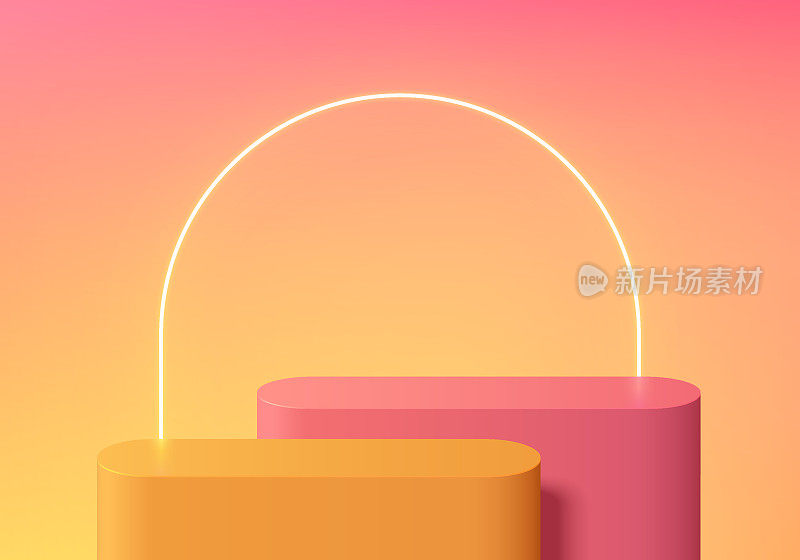 3D逼真的黄橙色和粉色圆形产品讲台背景与霓虹灯场景。粉彩最小墙场景模型产品舞台展示，促销展示。抽象向量几何形式。