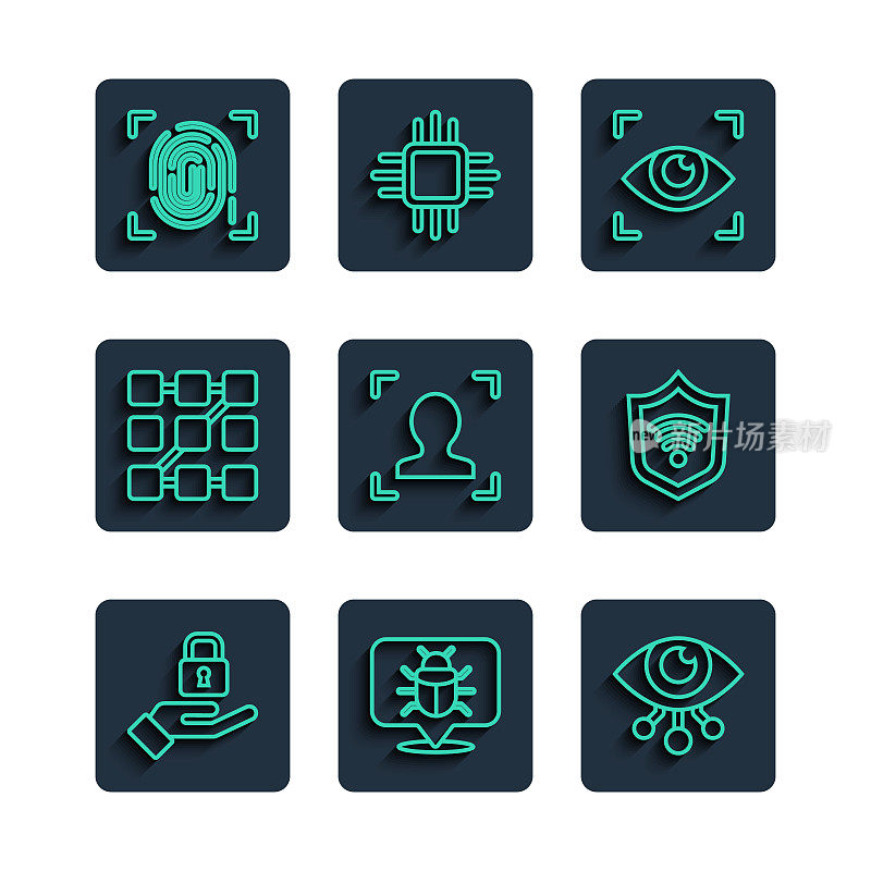 设置线锁在手，系统漏洞，眼睛扫描，人脸识别，图形密码保护，指纹和盾牌与WiFi无线图标。向量