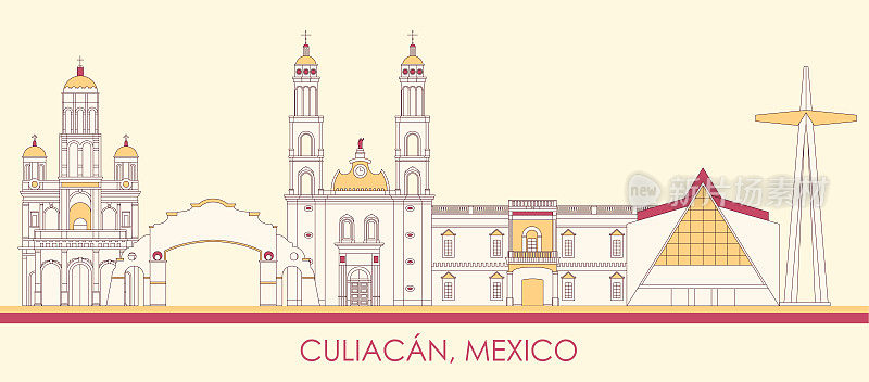 墨西哥库利亚坎市的卡通天际线全景图