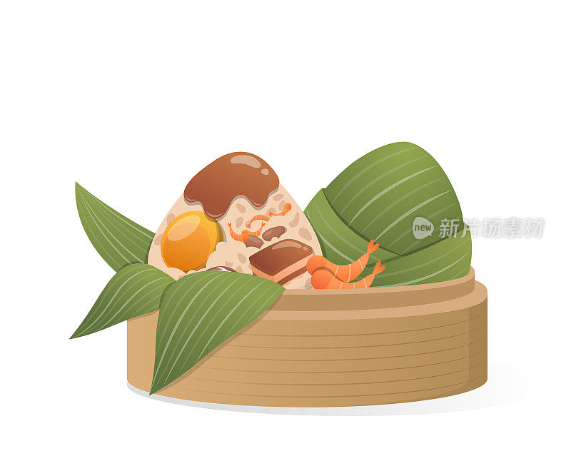 中国端午节的传统食品是粽子，糯米食品用竹叶包裹蒸笼
