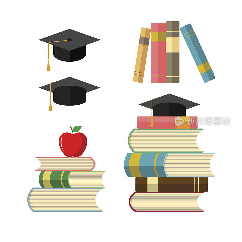 教育的图标。教育或知识符号的说明。一堆书，毕业帽，苹果