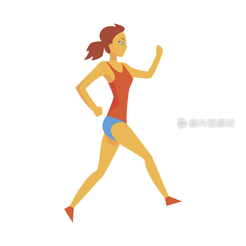 为马拉松赛跑保存能量的女人，女运动员在赛跑比赛插图中穿着红色上衣和蓝色短裤跑在跑道上