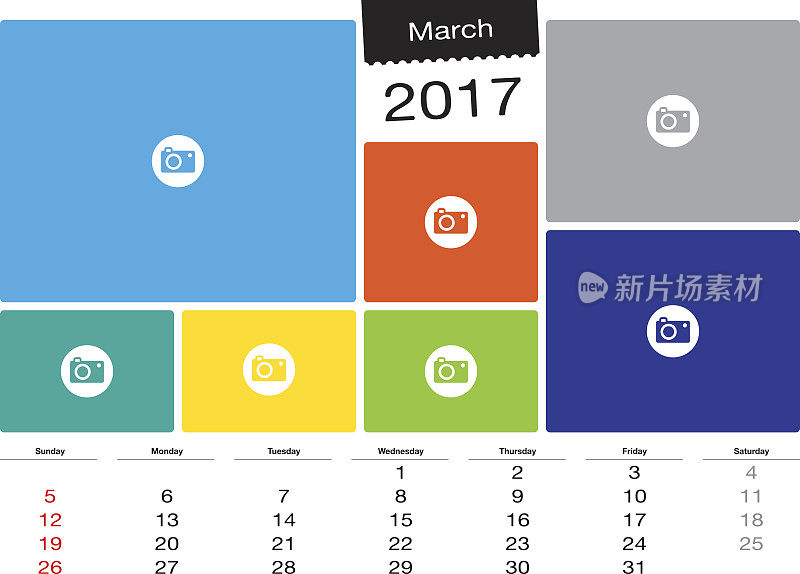 矢量日历，2017年3月与图像框架，A3大小