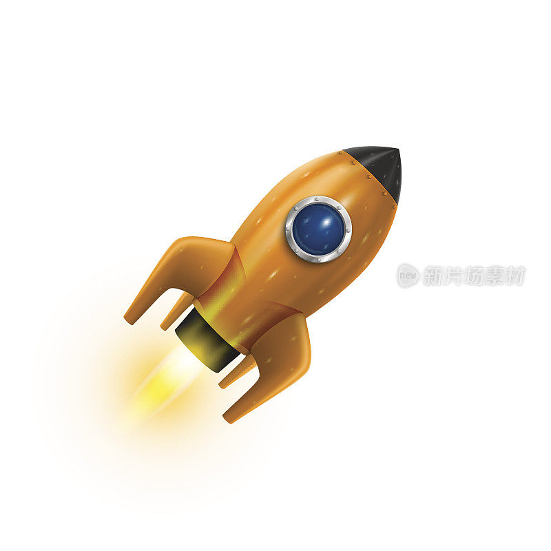 火箭图标3d，现实的橙色物体白色背景，矢量插图