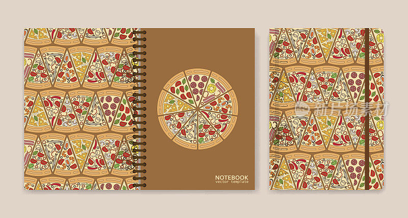 封面设计的笔记本或剪贴簿与比萨饼块。矢量插图。