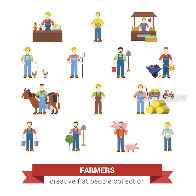 平面风格的农场职业工人的人的网页图标。农民农学家农学家市场销售员鸡猪饲养员收割机挤奶女工养蜂人挤奶工。有创造力的人集合。