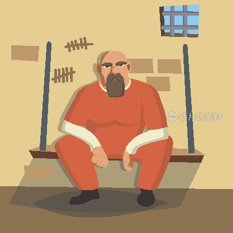 监狱里的人。强盗被捕并被锁定。孤立的白色卡通人物插图