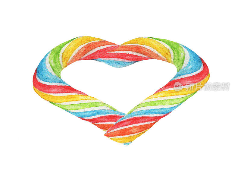 由彩虹糖果制成的心孤立在白色背景上。水彩插图。