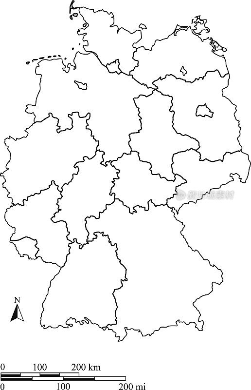 德国地图轮廓向量与比例尺在空白设计