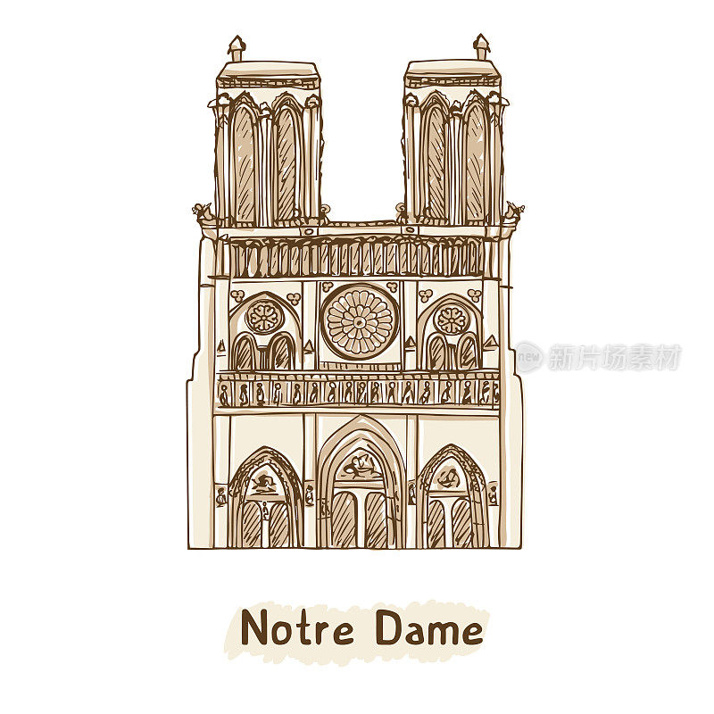 巴黎圣母院手绘矢量图。巴黎地标性建筑