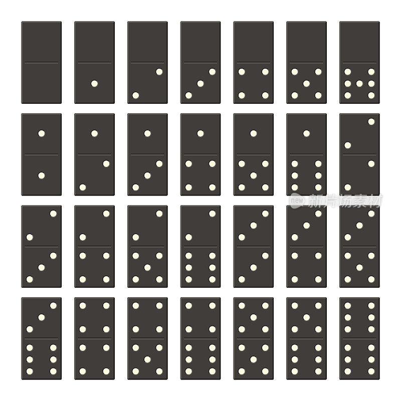 全套黑色多米诺骨牌。经典的游戏多米诺骨牌在平坦的风格。多米诺骨牌共有28块