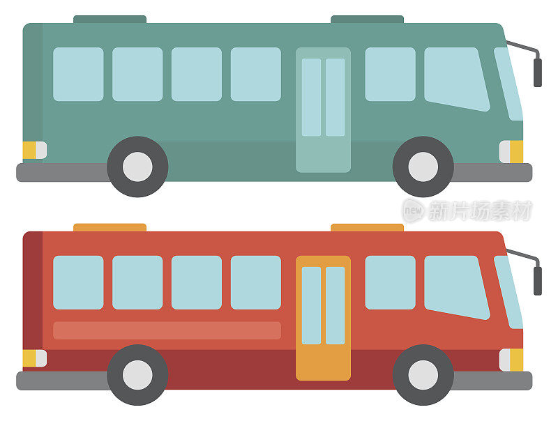两辆城市公交车的侧视图