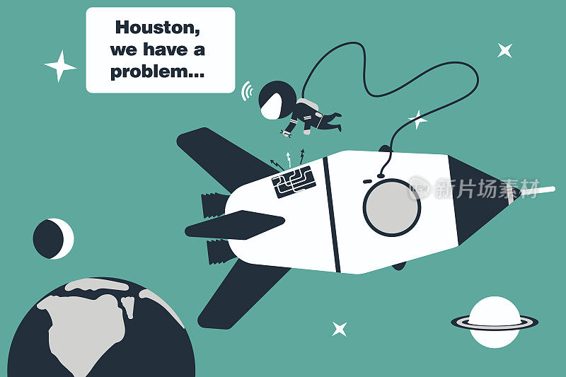 宇航员在开放空间中，消除了火箭的问题，并向地球发送信息“休斯顿，我们有问题了”。