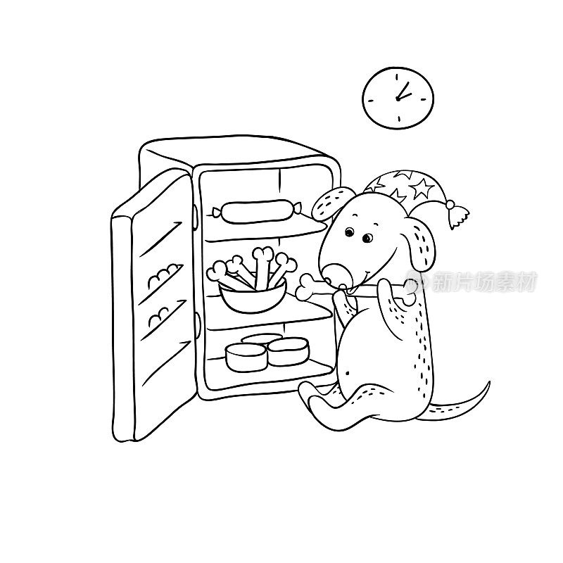 矢量黑白素描搞笑卡通小狗。性格饥饿的狗在晚上坐在打开的冰箱旁吃骨头。一个关于暴饮暴食和错误饮食的幽默插图