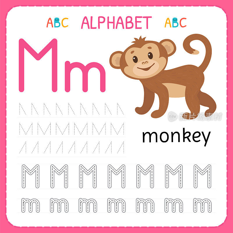 学龄前和幼儿园的字母追踪工作表。写练习字母m的孩子练习