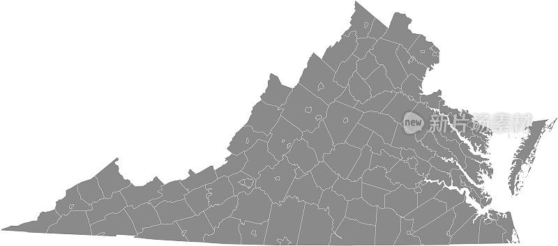 弗吉尼亚州县地图矢量轮廓灰色背景