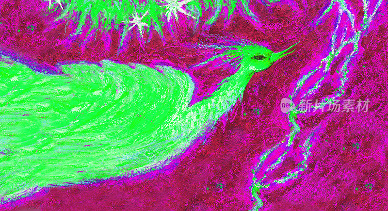 时尚的插图寓言现代艺术作品印象派绘画水平的象征构图我的油画在画布上的原始肖像图像象征一只火红的绿色幸福的鸟在闪烁的星星的背景下飞行