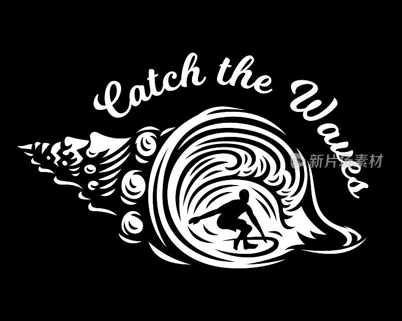 冲浪矢量标志，插图，t恤设计与贝壳在黑暗的背景