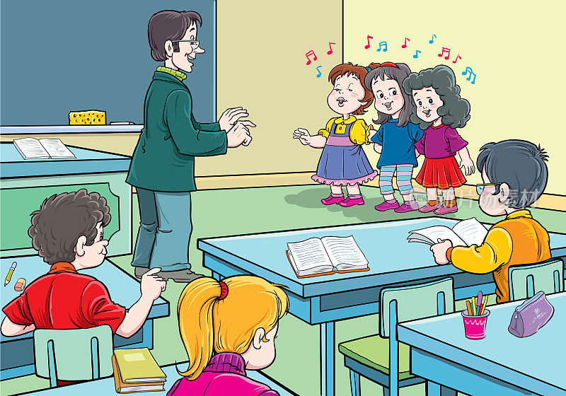 在学校的教室里，孩子们在音乐课上合唱唱歌和学习。