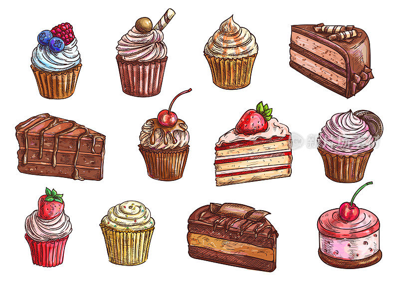 甜点和甜蛋糕素描矢量图标
