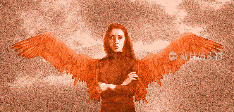 时尚的插图寓言现代艺术作品超现实主义，我最初的画铅笔，深褐色水平的风景，天空的一个女孩的形象，以一个天使的形式与翅膀作为飞行的象征
