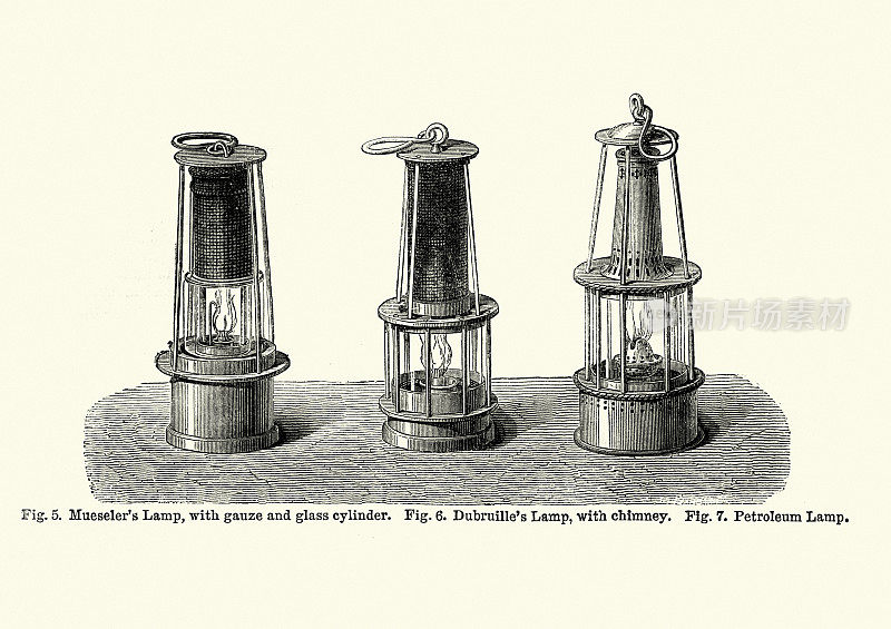 维多利亚时期的矿工灯，穆塞勒的灯，19世纪的杜布吕耶的灯