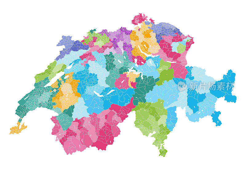 瑞士矢量地图显示州，区和直辖市边界。