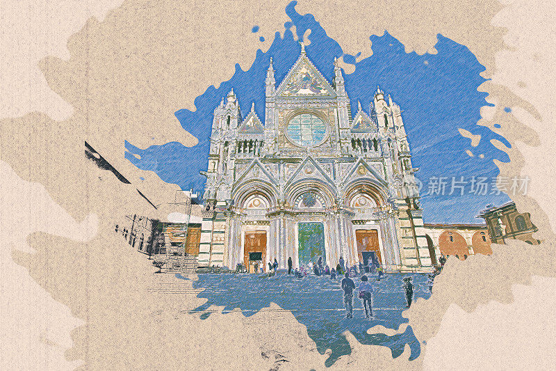 意大利锡耶纳世界遗产的圣玛丽亚·艾苏塔大教堂的彩色铅笔画。