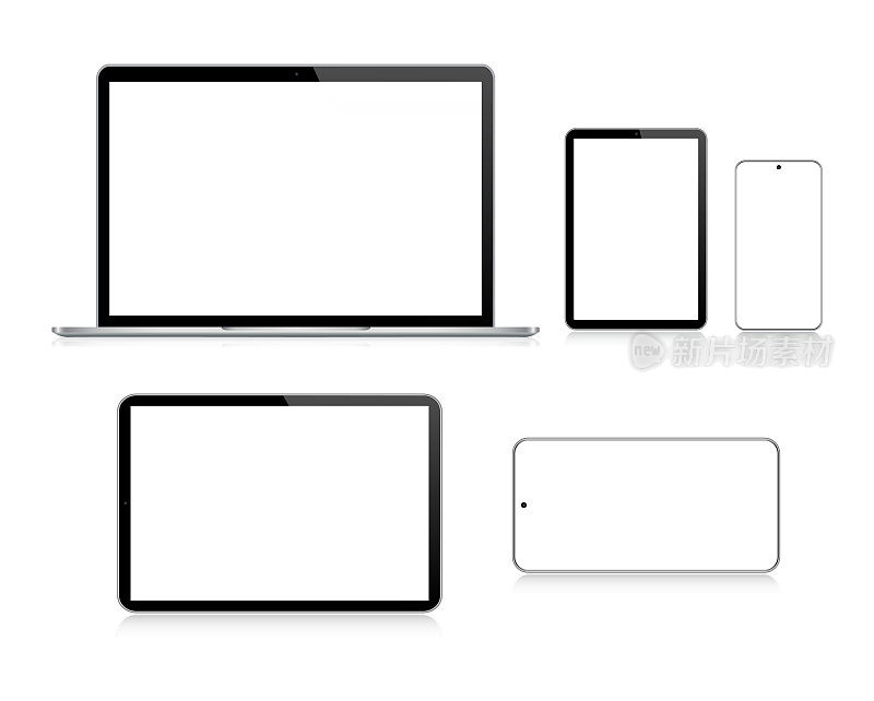 笔记本电脑，平板电脑，智能手机，手机在黑色和银色反射，现实的矢量插图