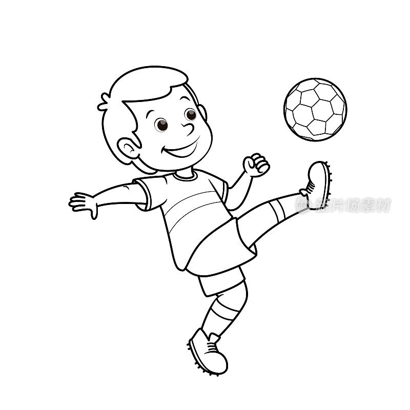 ?黑白足球运动员插图在跳跃的位置踢足球。在白色的背景下，为在家上学的妈妈和老师组装或创建教学材料。