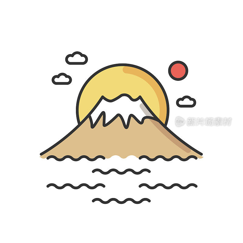 富士山RGB彩色图标。日出的东京山。日本火山与大海和日落。富士山山顶有天空和湖泊。在日本旅游。孤立的矢量图
