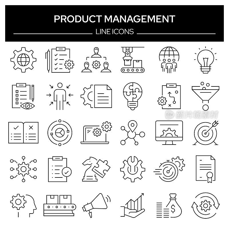 一组产品管理相关的线路图标。轮廓符号集合，可编辑的描边