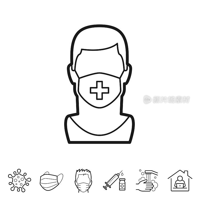 戴着医用面罩的人。线条图标-可编辑的笔触