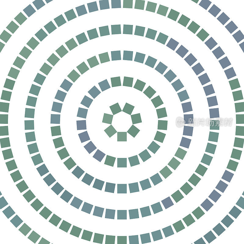 沿圆切线均匀间隔的彩色正方形点。五种颜色的调色板。旋转遵循的模式。