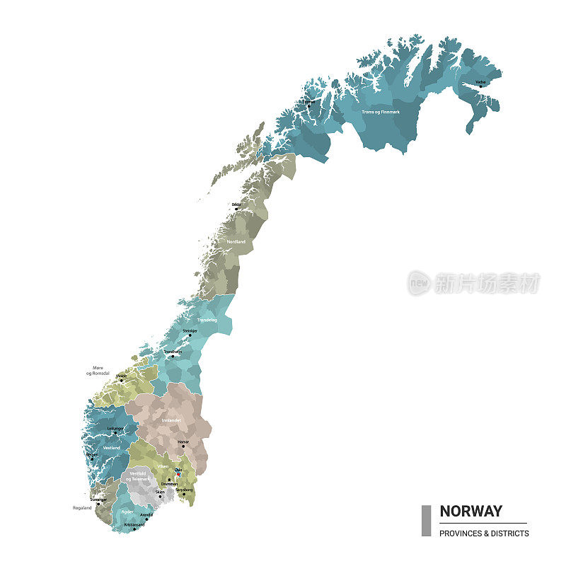 挪威有详细的地图和细分。挪威的行政地图，有地区和城市名称，以州和行政区域着色。矢量插图。