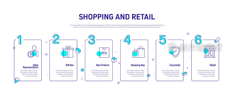 购物和零售相关流程信息图表模板。过程时间图。使用线性图标的工作流布局