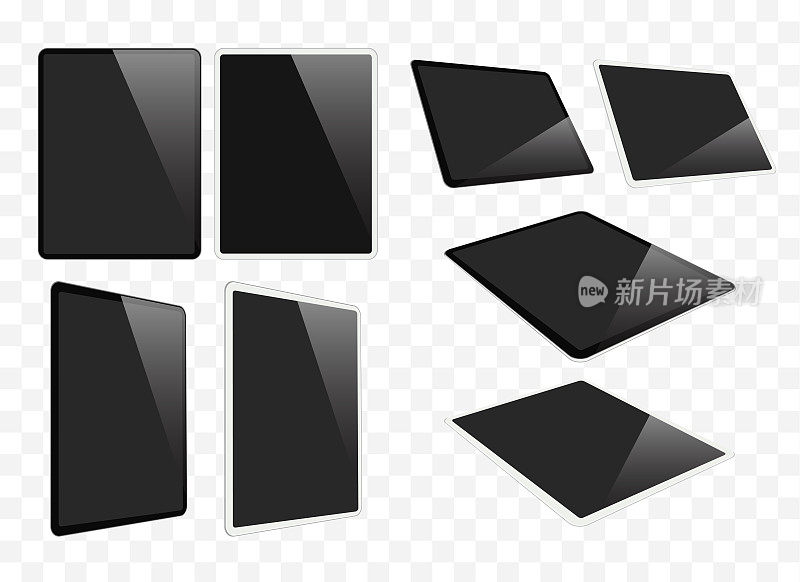 类似ipad的新版本超薄平板电脑。一套黑色和白色的平板电脑，孤立在背景逼真的矢量插图。