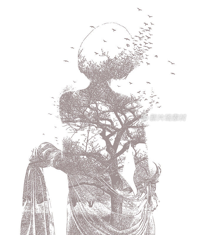 女性,树木和鸟类多次暴露