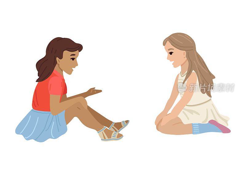 穿着裙子的女孩坐在地板上聊天。孩子们之间的对话。幼儿园或学校里的朋友。矢量图