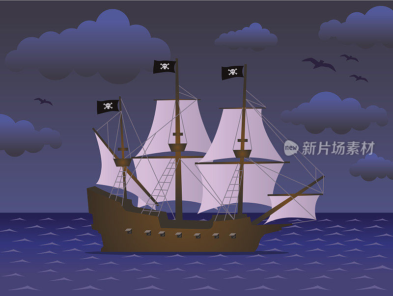 可怕的海洋场景中的海盗帆船