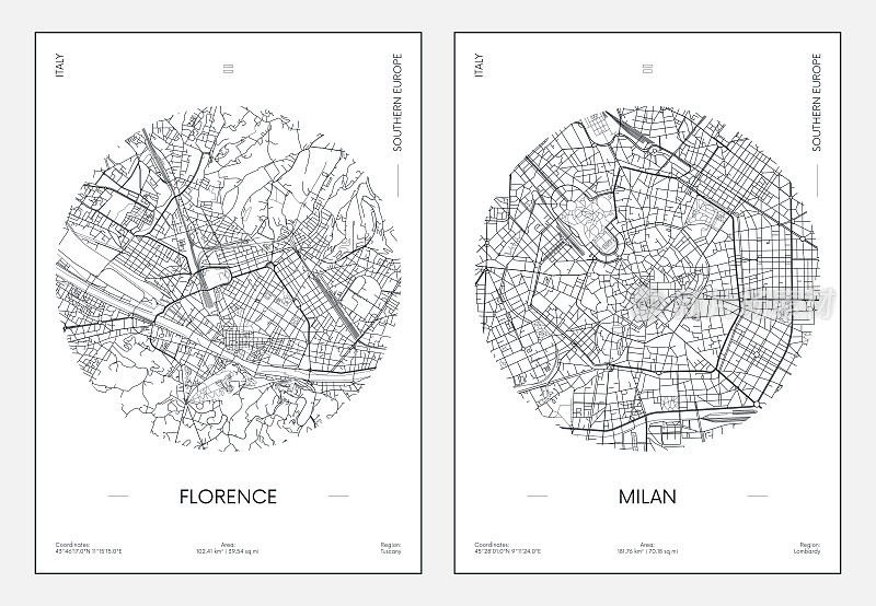 旅游海报，城市街道规划，佛罗伦萨和米兰城市地图，矢量插图