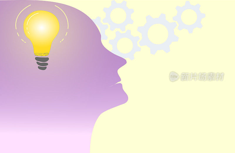 女人脑袋和电灯泡的剪影。教育的概念。