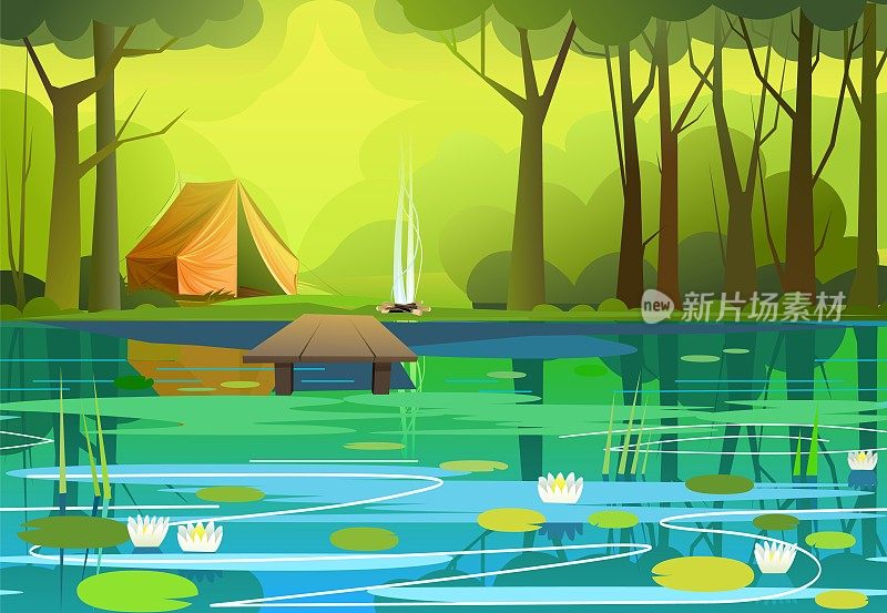 森林。绿色的夏天的风景。河岸河或湖的河岸钓鱼码头。水中的波浪和倒影。睡莲。露营帐篷和烟篝火。说明向量