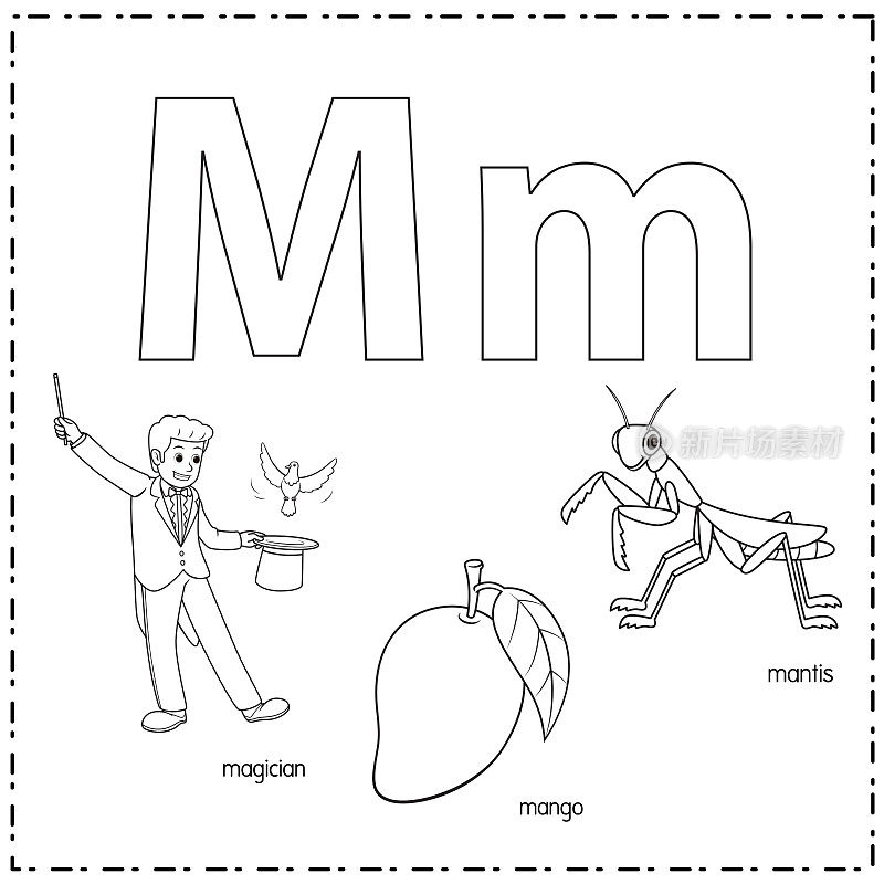 向量插图学习字母M的小写和大写的儿童与3卡通图像。魔术师芒果螳螂。