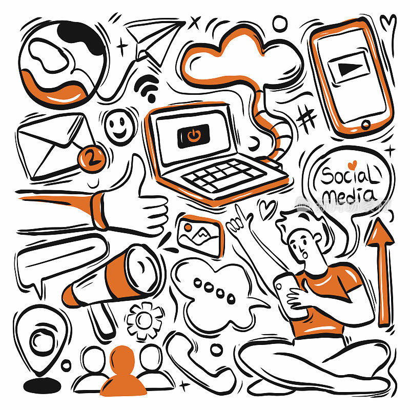 社交媒体相关卡通涂鸦插图。手绘向量