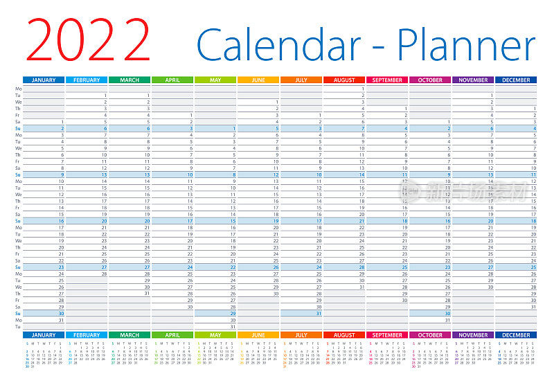 2022年日历计划。矢量插图。