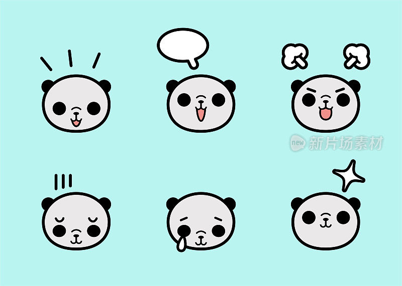 可爱的熊猫图标集与六个面部表情的颜色柔和色调