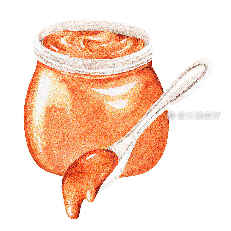 一罐焦糖和勺子。一罐蜂蜜。水彩插图。孤立在一个白色的背景